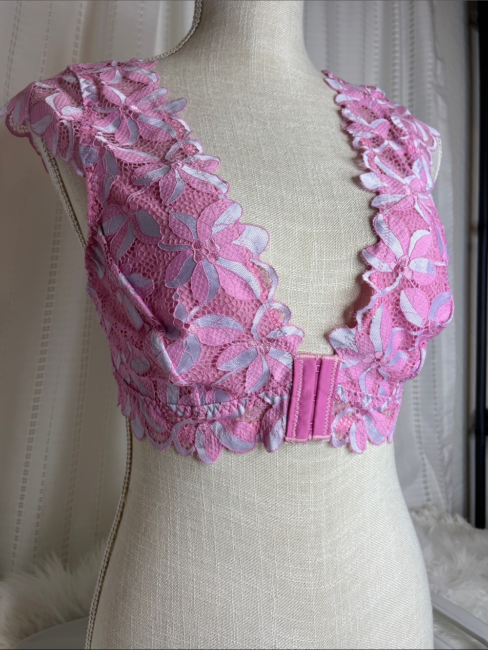 Pink Floral Lace Bralette Front Hook
